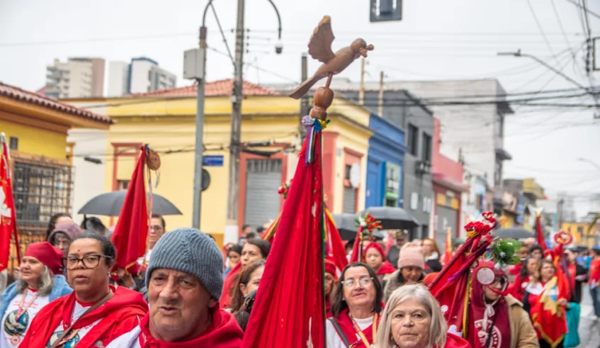 Fiéis, entre mogianos e visitantes, carregaram as tradicionais bandeiras do Divino durante o percurso. Foto: Divulgação/PMMC