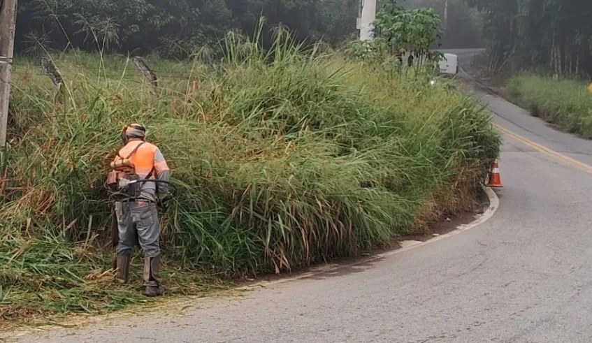 Serviços de roçada da vegetação às margens da Estrada Fujitaro Nagao tiveram início e devem se estender por pelo menos mais uma semana. Foto: Divulgação/PMMC