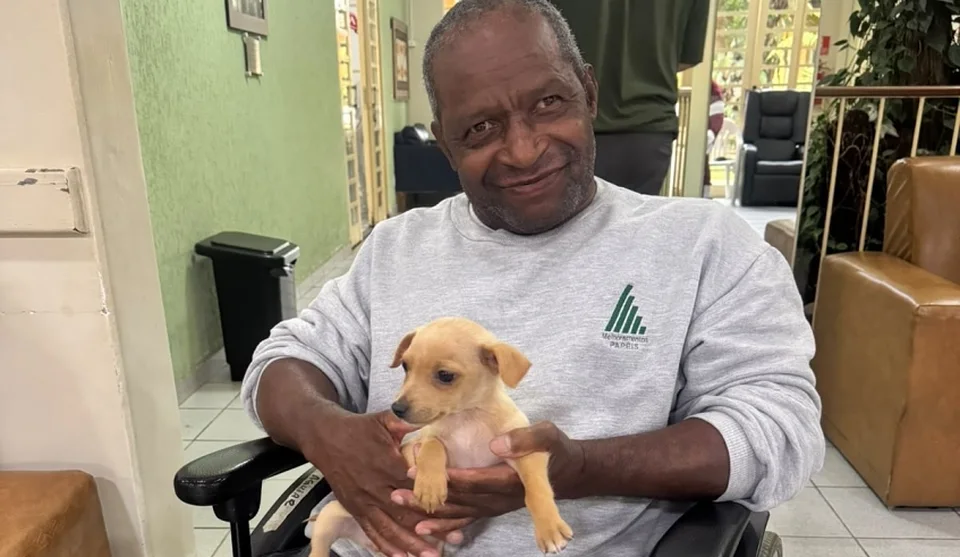 A visita de cães e gatos em asilos tem se mostrado uma prática extremamente benéfica para a saúde física e emocional dos idosos. Foto: Divulgação/PMMC